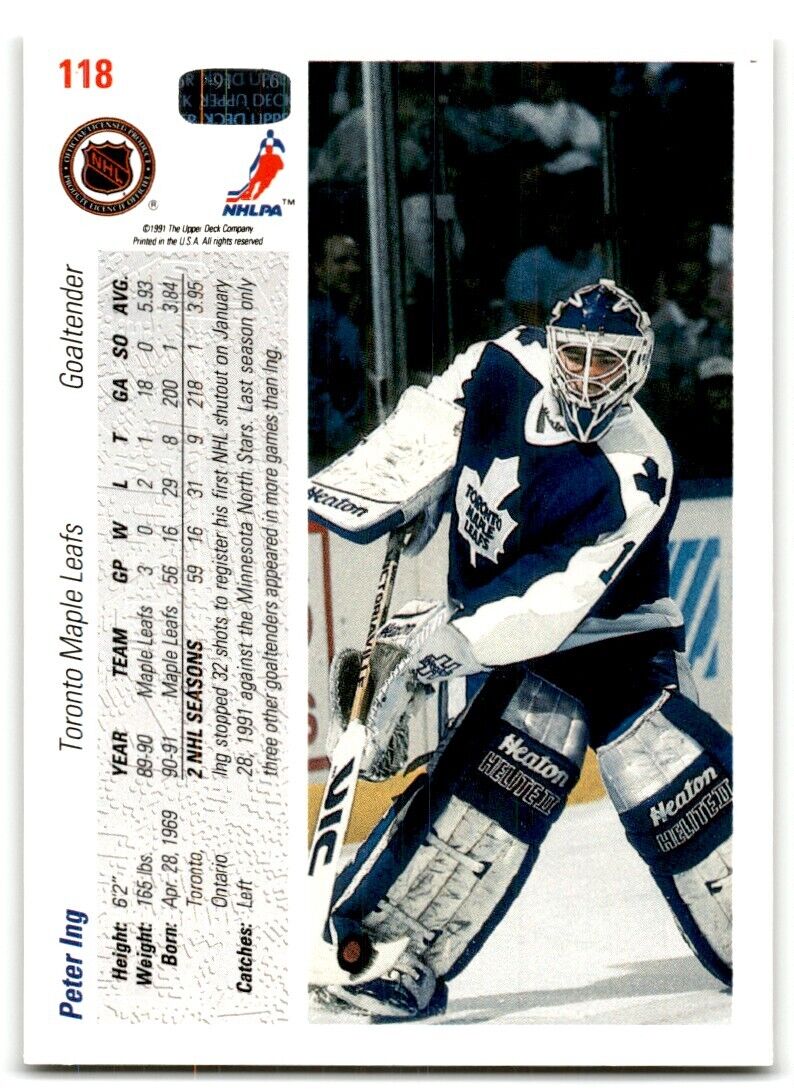 1991-92 Upper Deck Peter Ing Toronto Maple Leafs #118