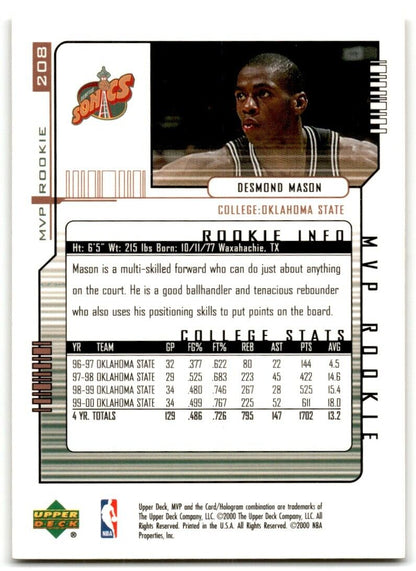 2000-01 Upper Deck MVP Silver Script Desmond Mason Seattle SuperSonics #208