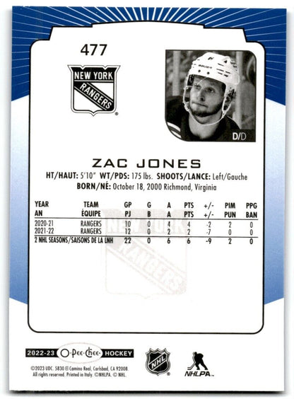 2022-23 O-Pee-Chee Zac Jones blue variation New York Rangers #477