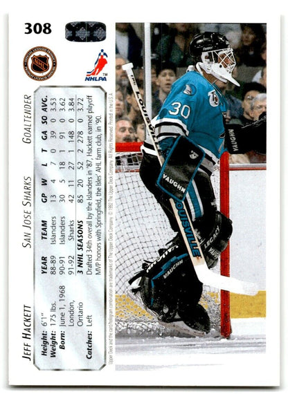 1992-93 Upper Deck Jeff Hackett San Jose Sharks #308