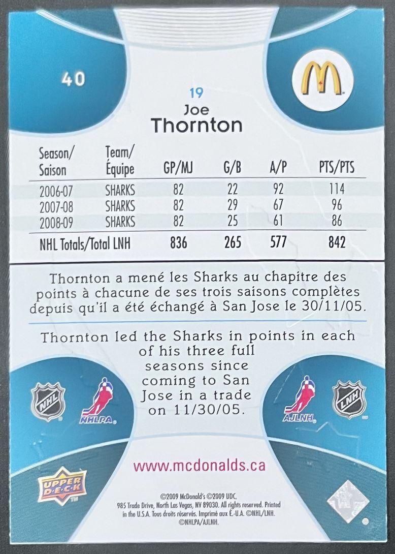 2009-10 Upper Deck McDonald's Joe Thornton San Jose Sharks #40