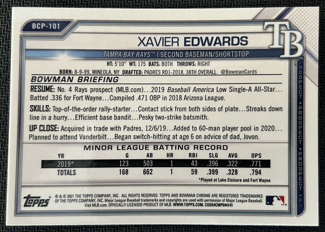 2021 Bowman Chrome Prospects Xavier Edwards Tampa Bay Rays #BCP-101