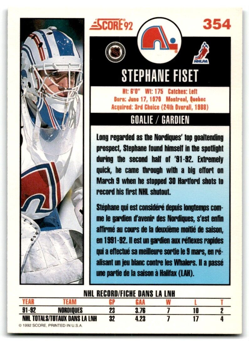 1992-93 Score Canadian Stephane Fiset Quebec Nordiques #354