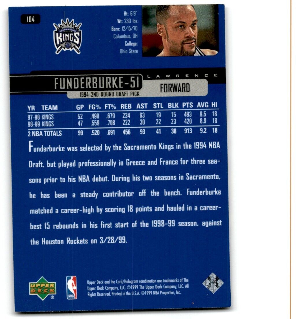 1999-00 Upper Deck Lawrence Funderburke Sacramento Kings #104