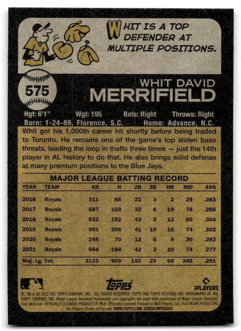 2022 Topps Heritage High Number Whit Merrifield Toronto Blue Jays #575