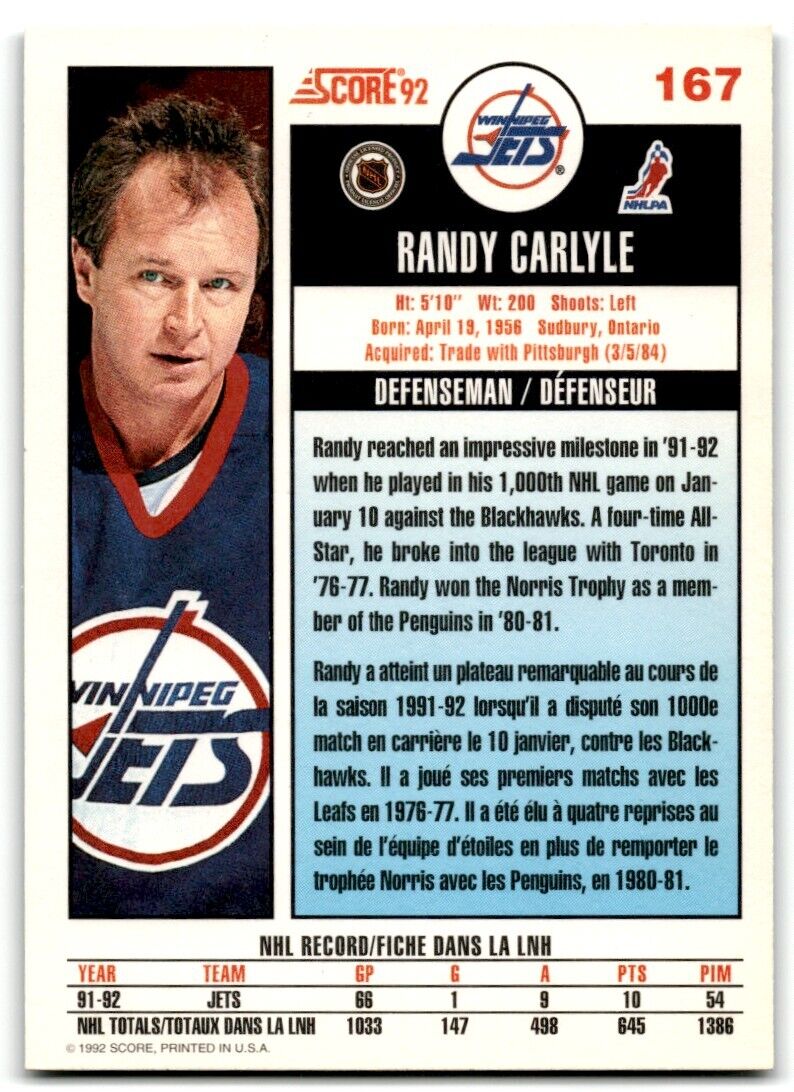 1992-93 Score Randy Carlyle Winnipeg Jets #167