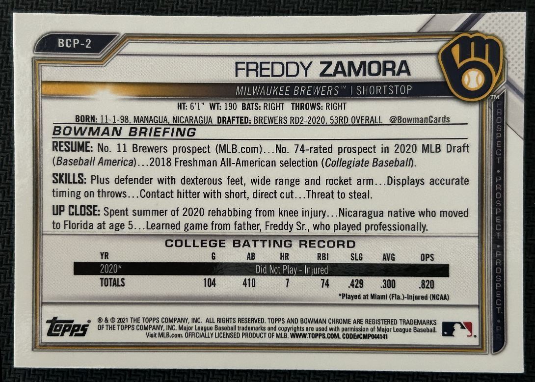 2021 Bowman Chrome Prospects Freddy Zamora Milwaukee Brewers #BCP-2