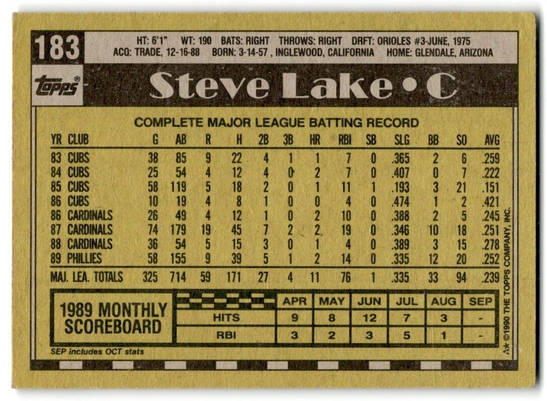 1990 Topps Steve Lake Philadelphia Phillies #183