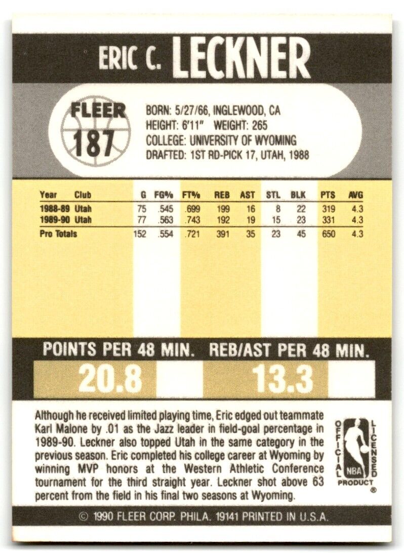 1990-91 Fleer Eric Leckner Sacramento Kings #187