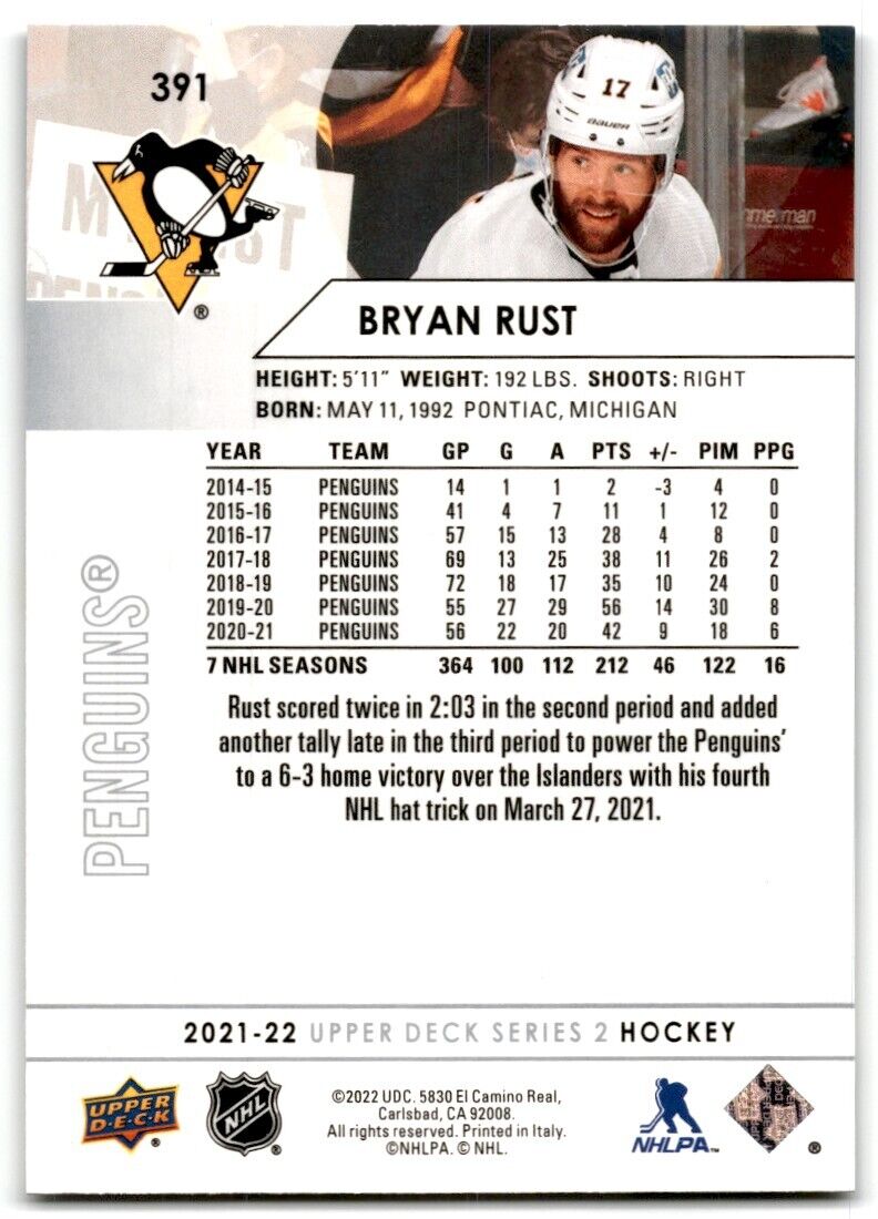 2021-22 Upper Deck Bryan Rust Pittsburgh Penguins #391