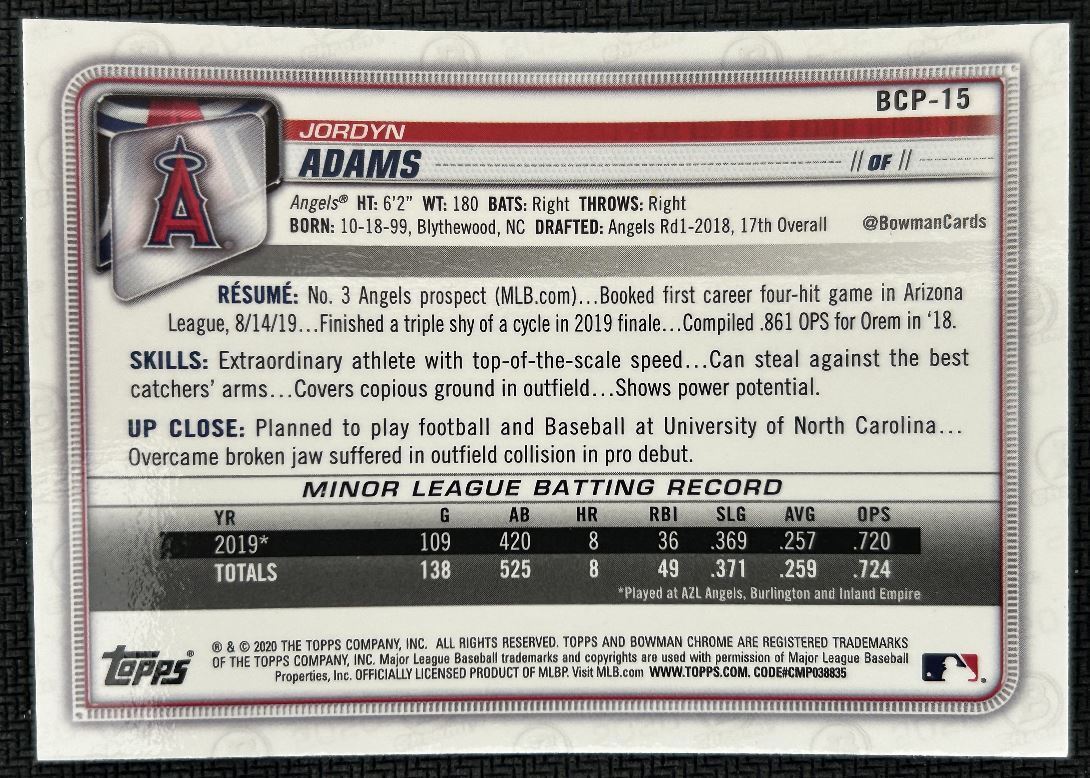 2020 Bowman Chrome Prospects Mojo Jordyn Adams Los Angeles Angels #BCP-15