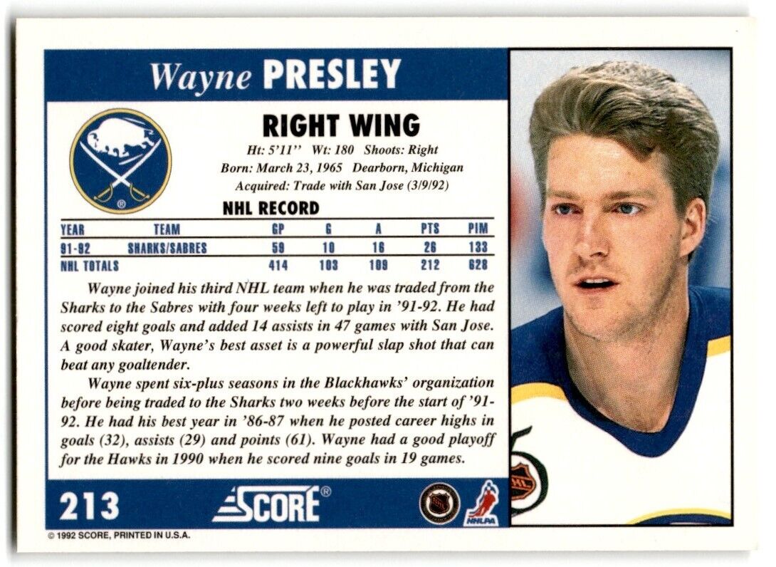 1992-93 Score Wayne Presley Buffalo Sabres #213