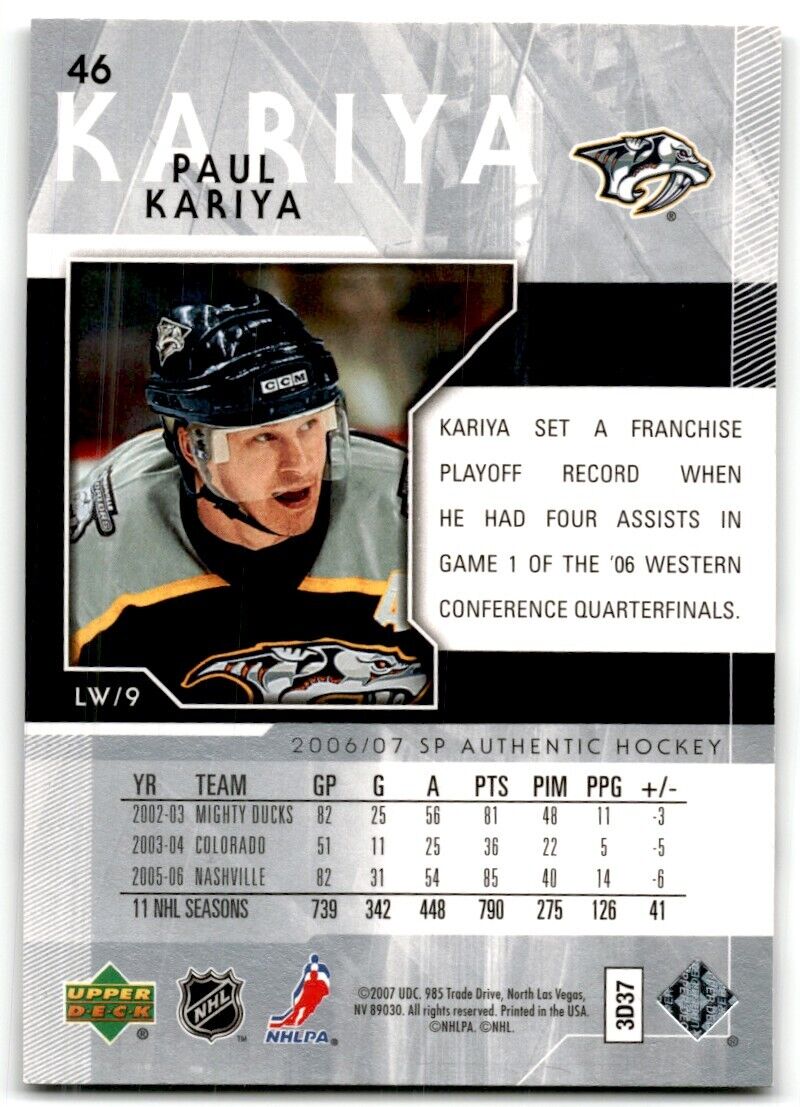 2006-07 SP Authentic Paul Kariya Nashville Predators #46