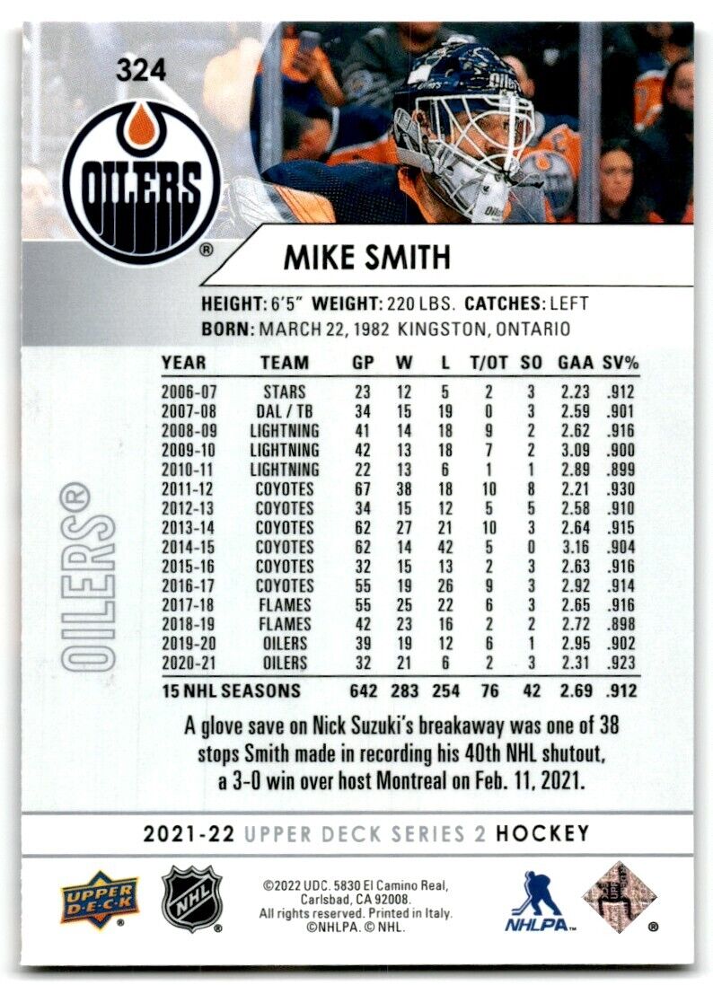 2021-22 Upper Deck Mike Smith Edmonton Oilers #324