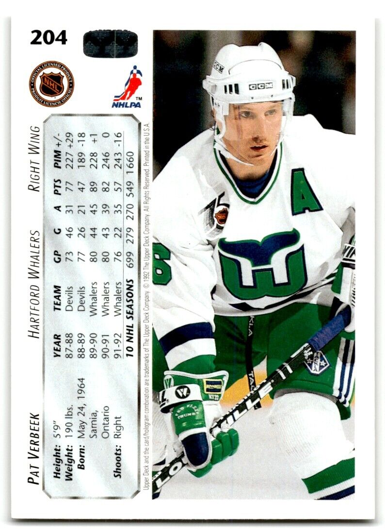 1992-93 Upper Deck Pat Verbeek Hartford Whalers #204