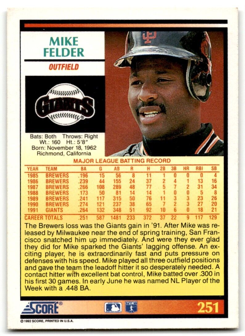 1992 Score Mike Felder San Francisco Giants #251