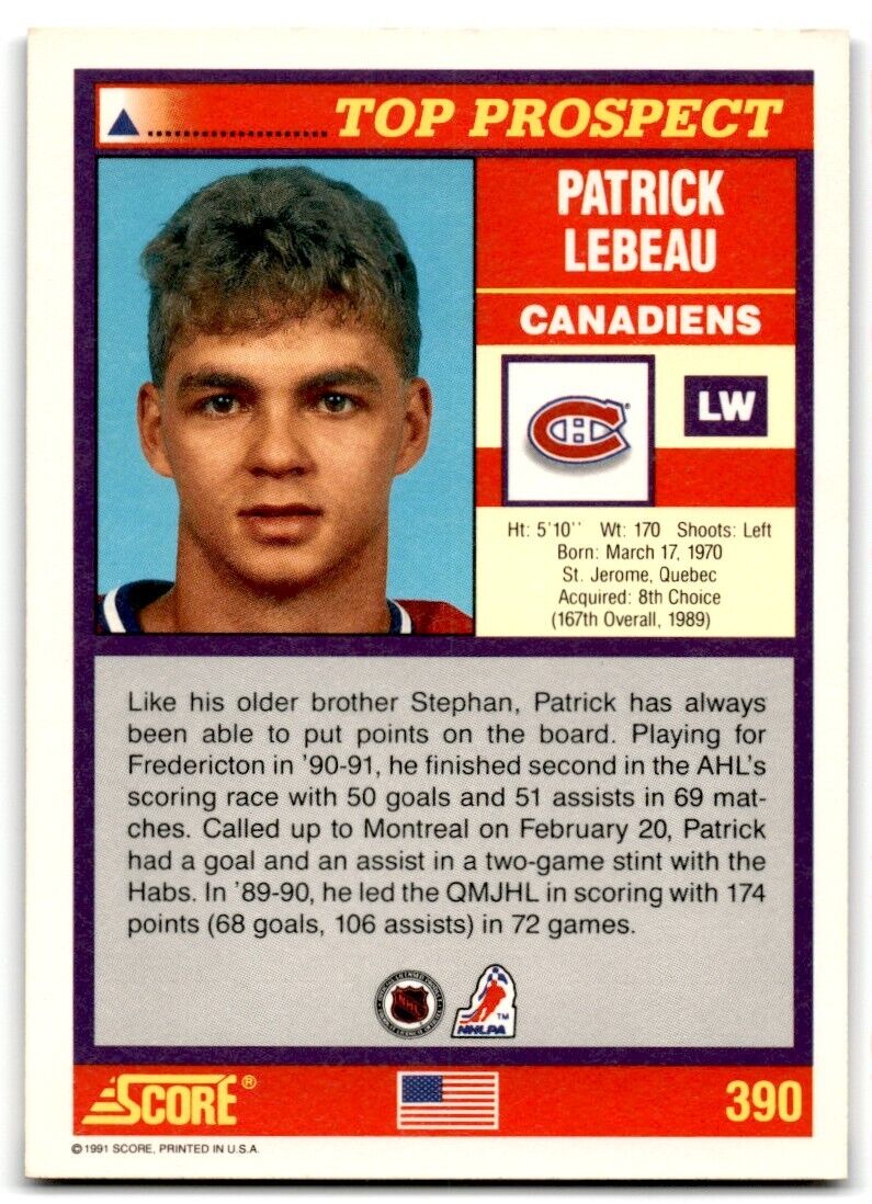 1991-92 Score American Patrick Lebeau Rookie Montreal Canadiens #390