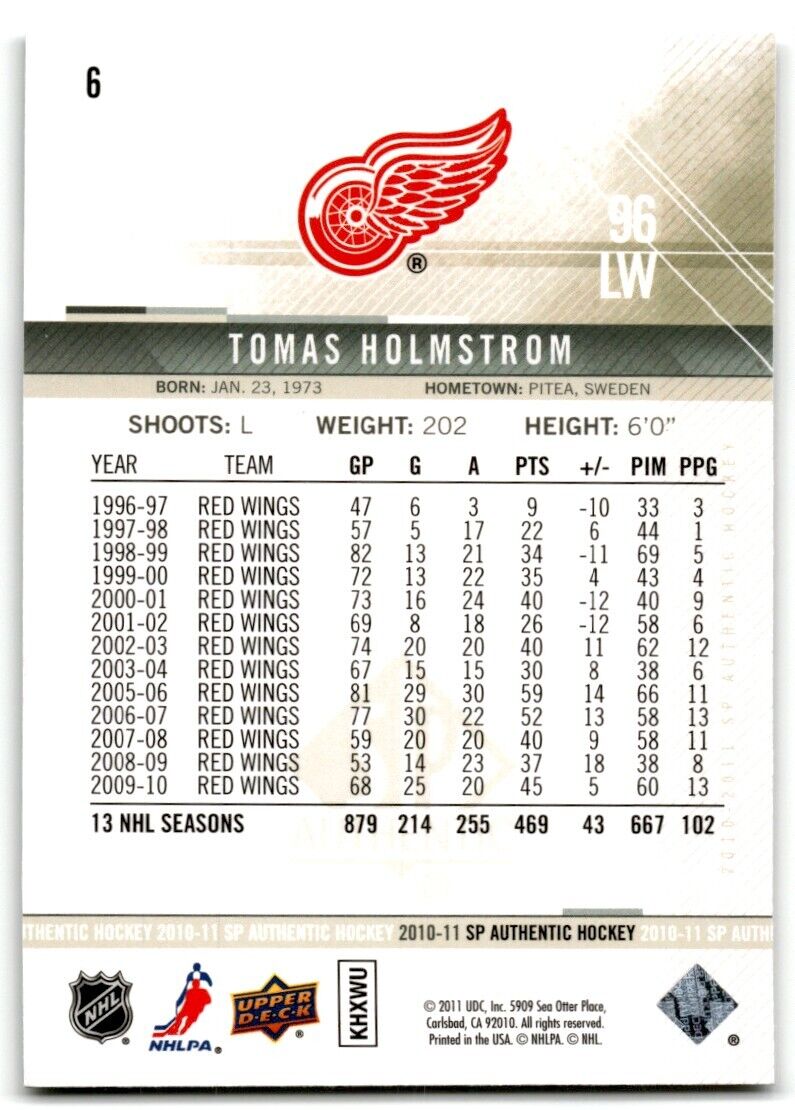 2010-11 SP Authentic Tomas Holmstrom Detroit Red Wings #6