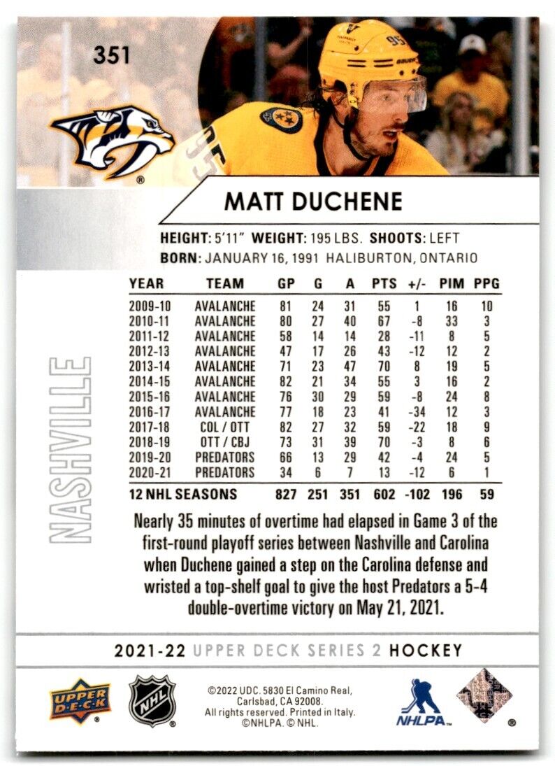 2021-22 Upper Deck Matt Duchene Nashville Predators #351