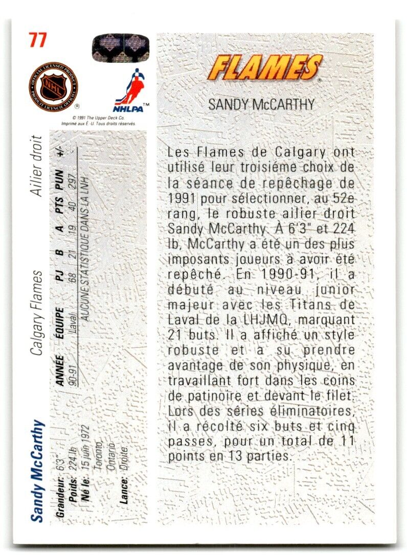 1991-92 Upper Deck French Sandy McCarthy Rookie Calgary Flames #77