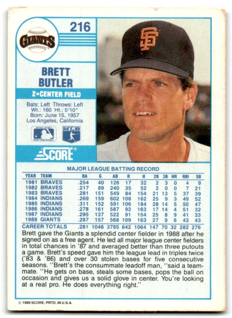 1989 Score Brett Butler San Francisco Giants #216