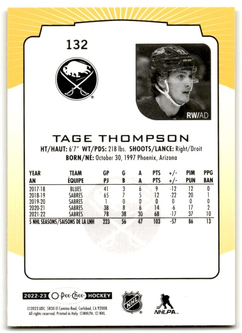 2022-23 O-Pee-Chee Tage Thompson Buffalo Sabres #132