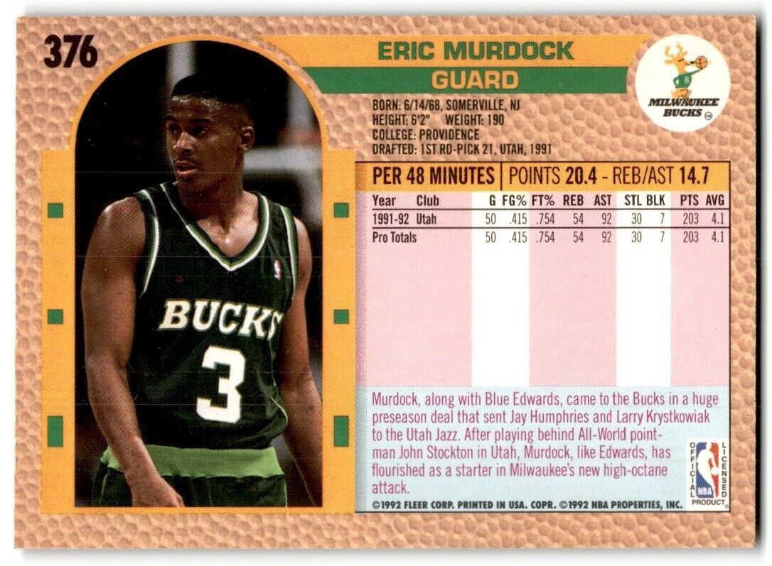 1992-93 Fleer Eric Murdock Milwaukee Bucks #376