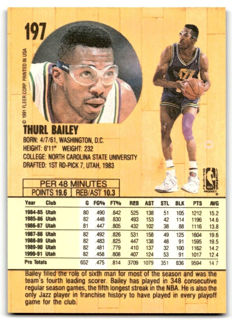 1991-92 Fleer Thurl Bailey Utah Jazz #197