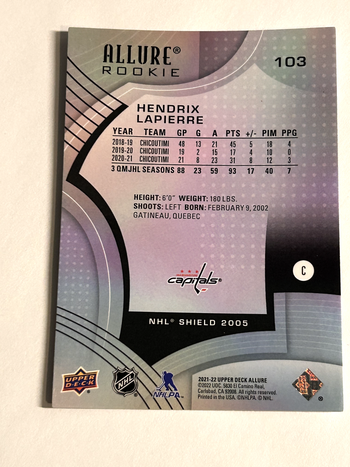 2021-22 Upper Deck Allure - Rookie #103 Hendrix Lapierre - Washinton Capitals