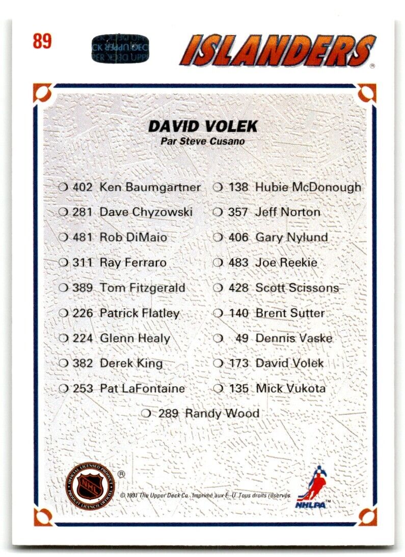 1991-92 Upper Deck David Volek New York Islanders #89