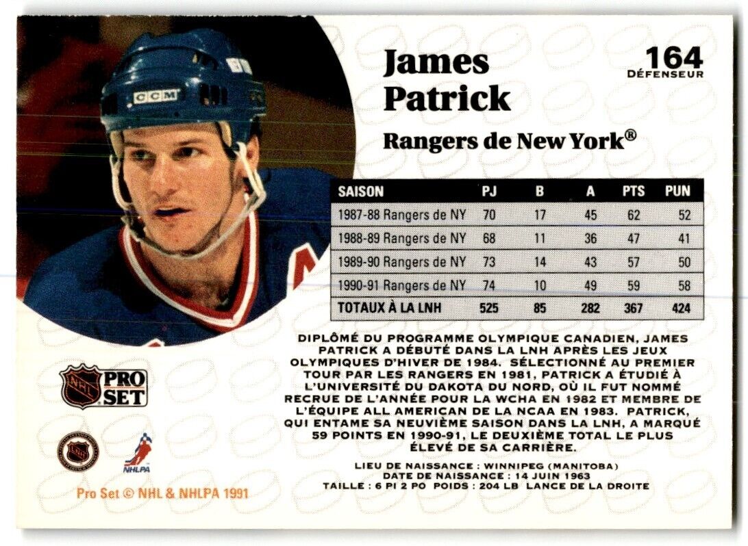 1991-92 Pro Set French James Patrick New York Rangers #164