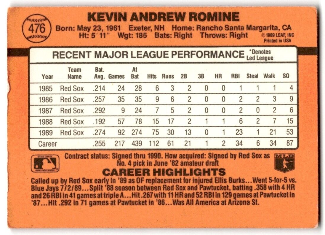 1990 Donruss Kevin Romine Boston Red Sox #476