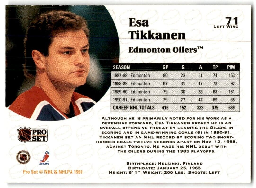 1991-92 Pro Set Esa Tikkanen Edmonton Oilers #71