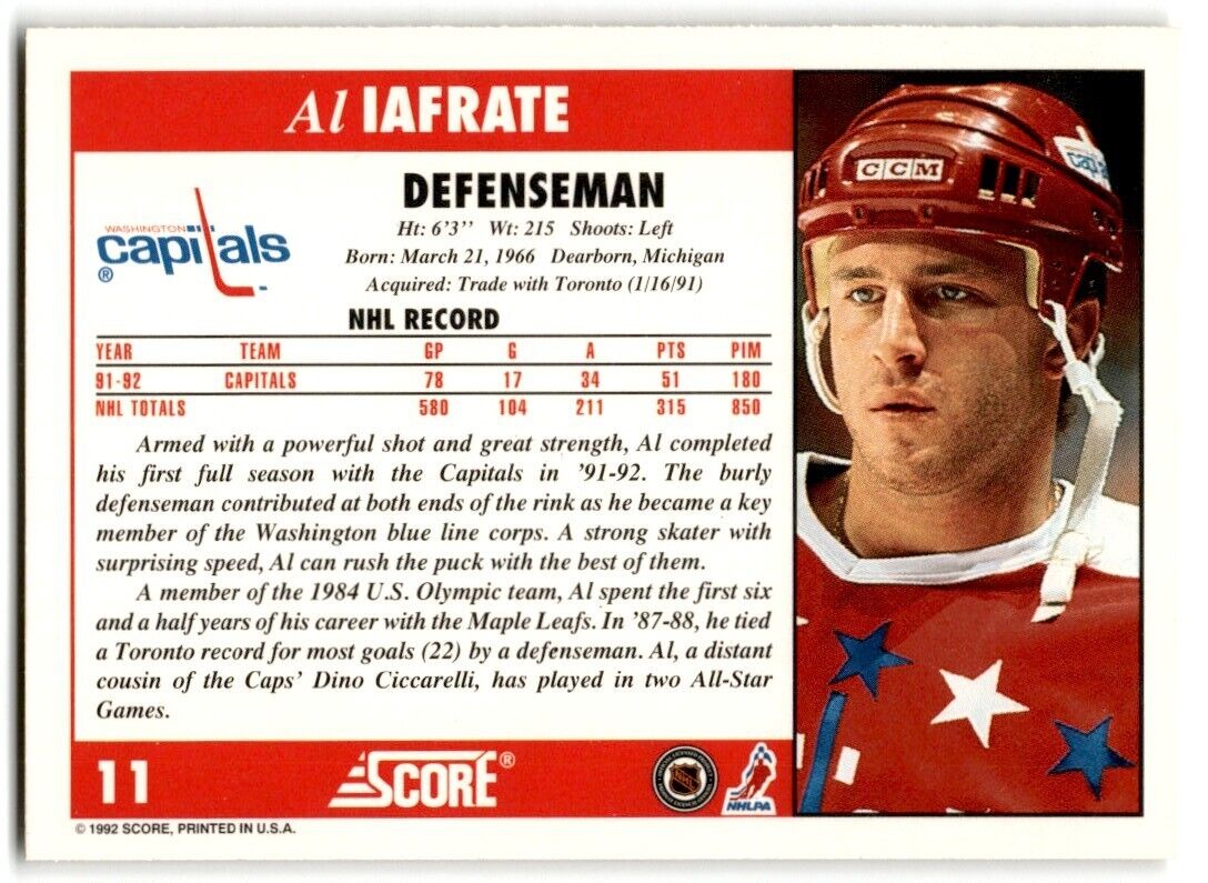 1992-93 Score Al Iafrate Washington Capitals #11