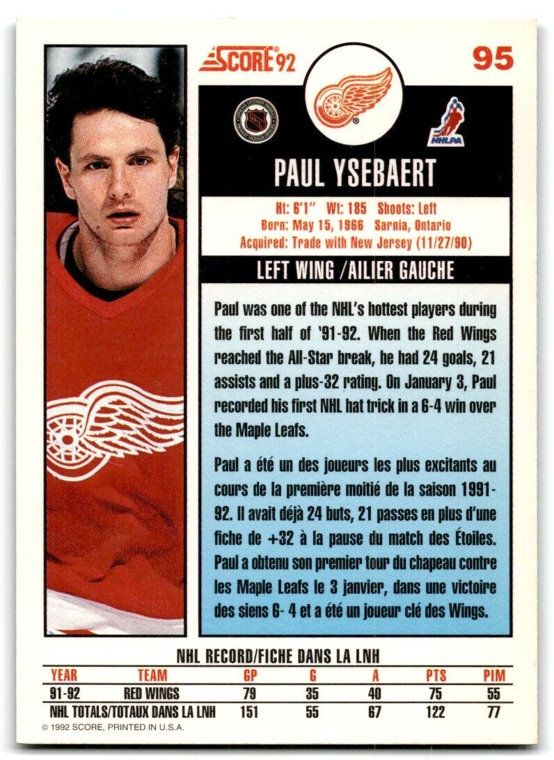 1992-93 Score Paul Ysebaert Detroit Red Wings #95