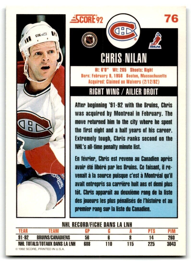 1992-93 Score Chris Nilan Montreal Canadiens #76