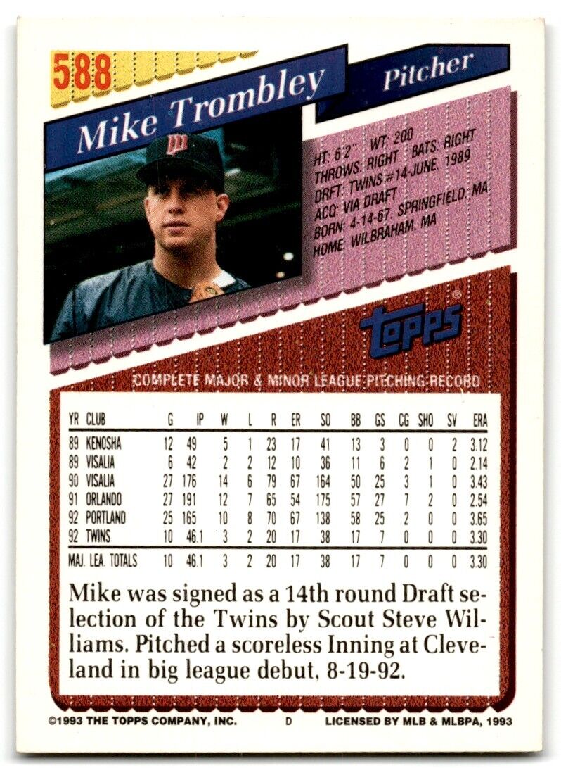 1993 Topps Mike Trombley Minnesota Twins #588