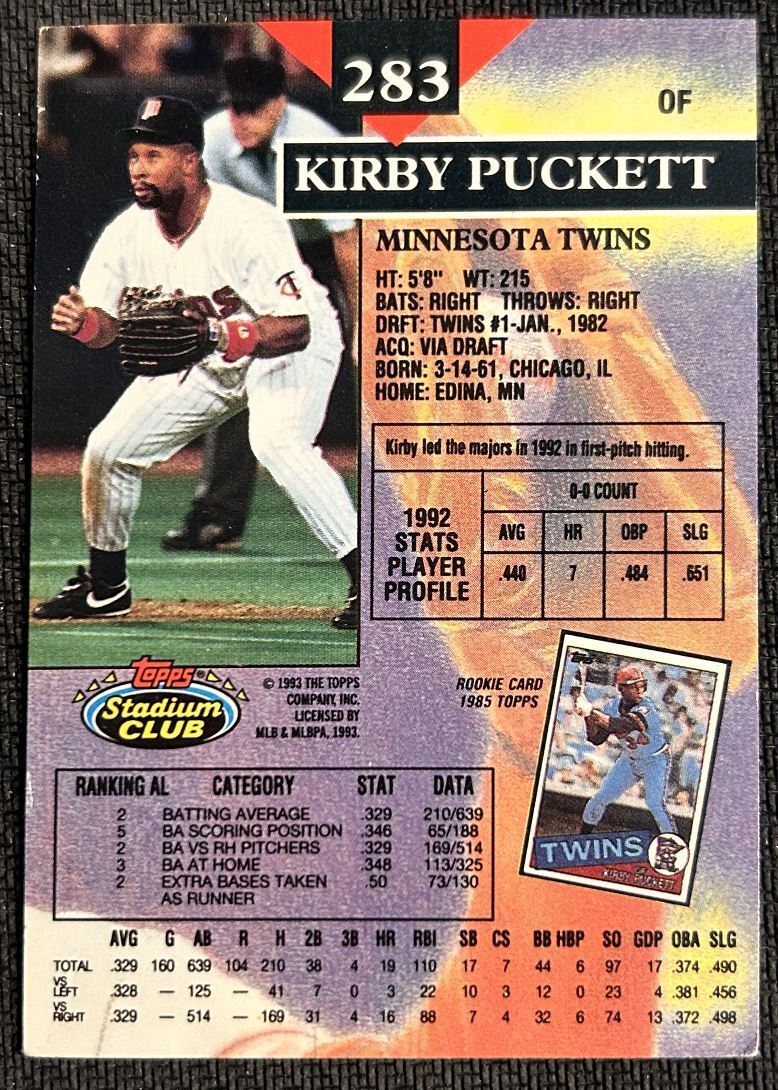 1993 Topps Stadium Club Kirby Puckett Minnesota Twins #283