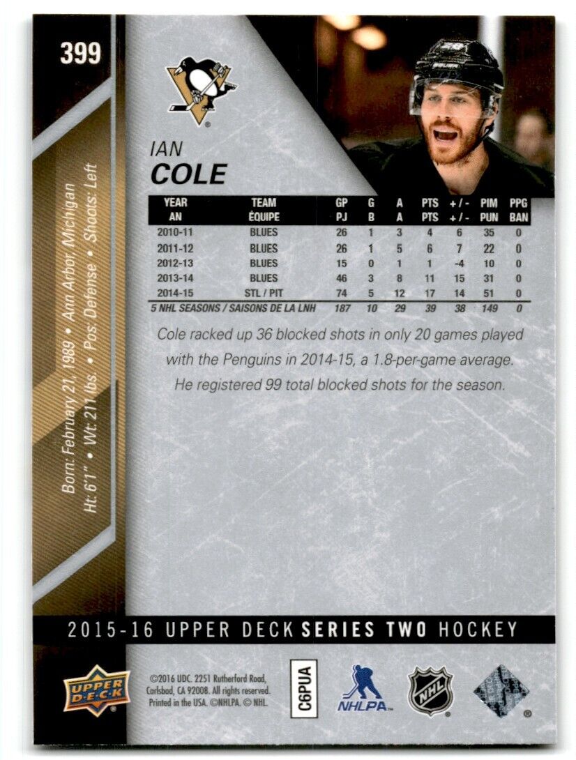 2015-16 Upper Deck Ian Cole Pittsburgh Penguins #399