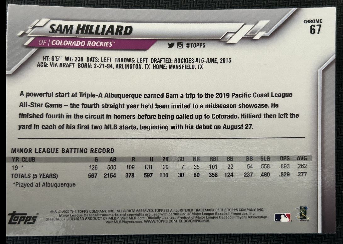 2020 Topps Chrome Sam Hilliard Rookie Colorado Rockies #67