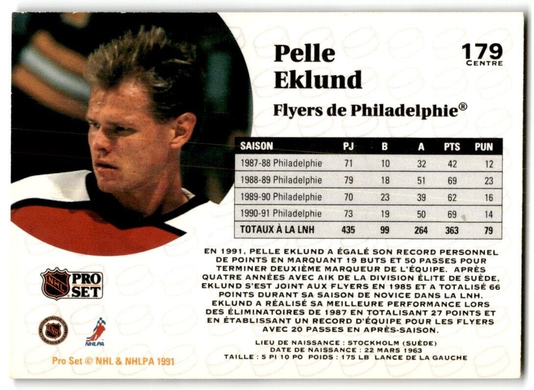 1991-92 Pro Set French Pelle Eklund Philadelphia Flyers #179