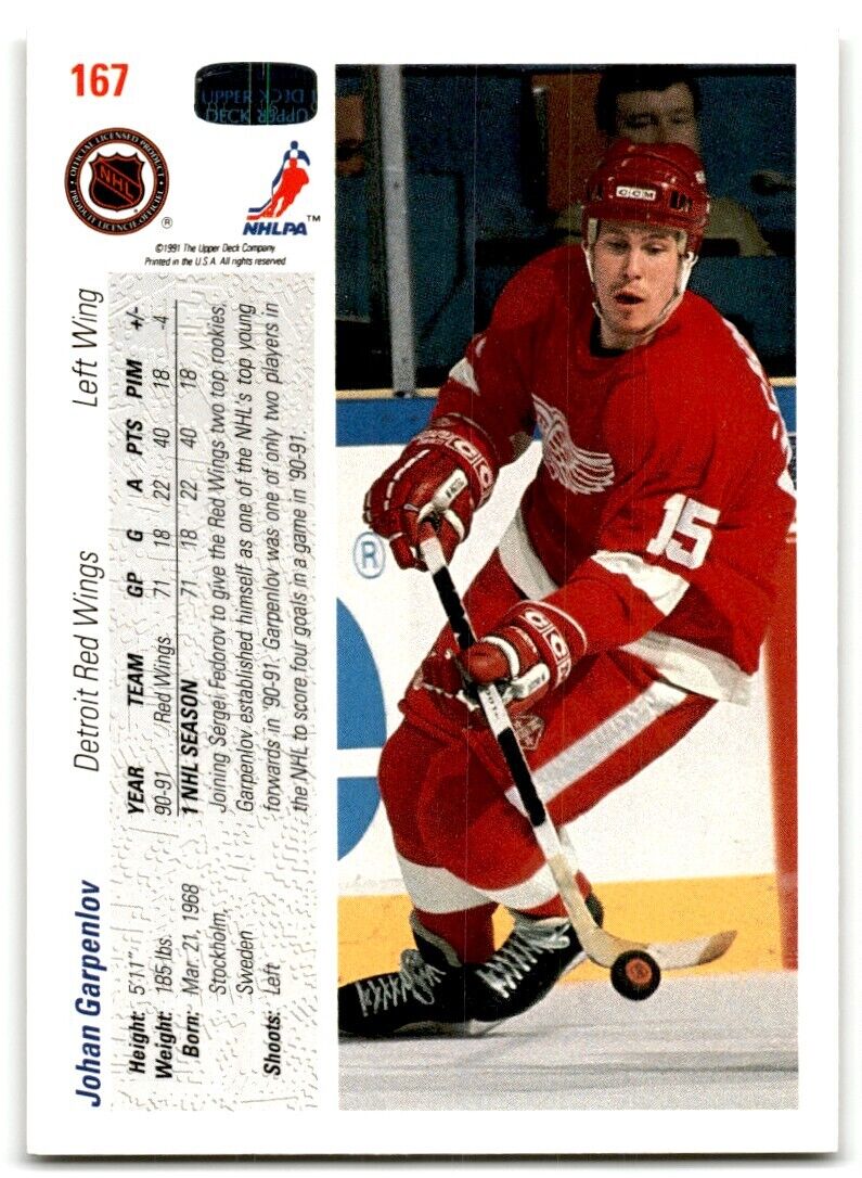 1991-92 Upper Deck Johan Garpenlov Detroit Red Wings #167B