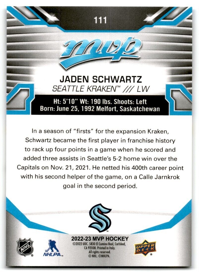 2022-23 Upper Deck MVP Jaden Schwartz Seattle Kraken #111