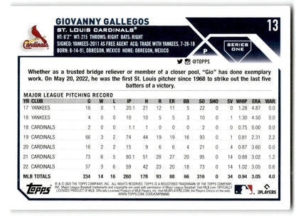 2023 Topps Giovanny Gallegos St. Louis Cardinals #13