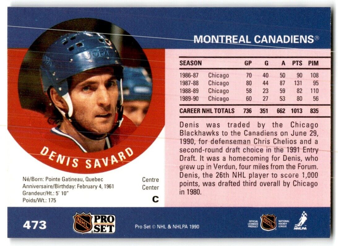 1990-91 Pro Set Denis Savard Montreal Canadiens #473