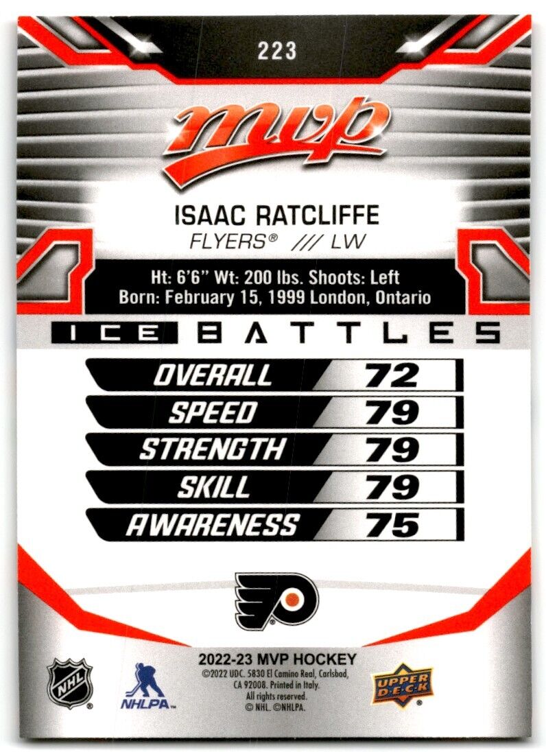 2022-23 Upper Deck MVP Ice Battles Isaac Ratcliffe Rookie Philadelphia Flyers