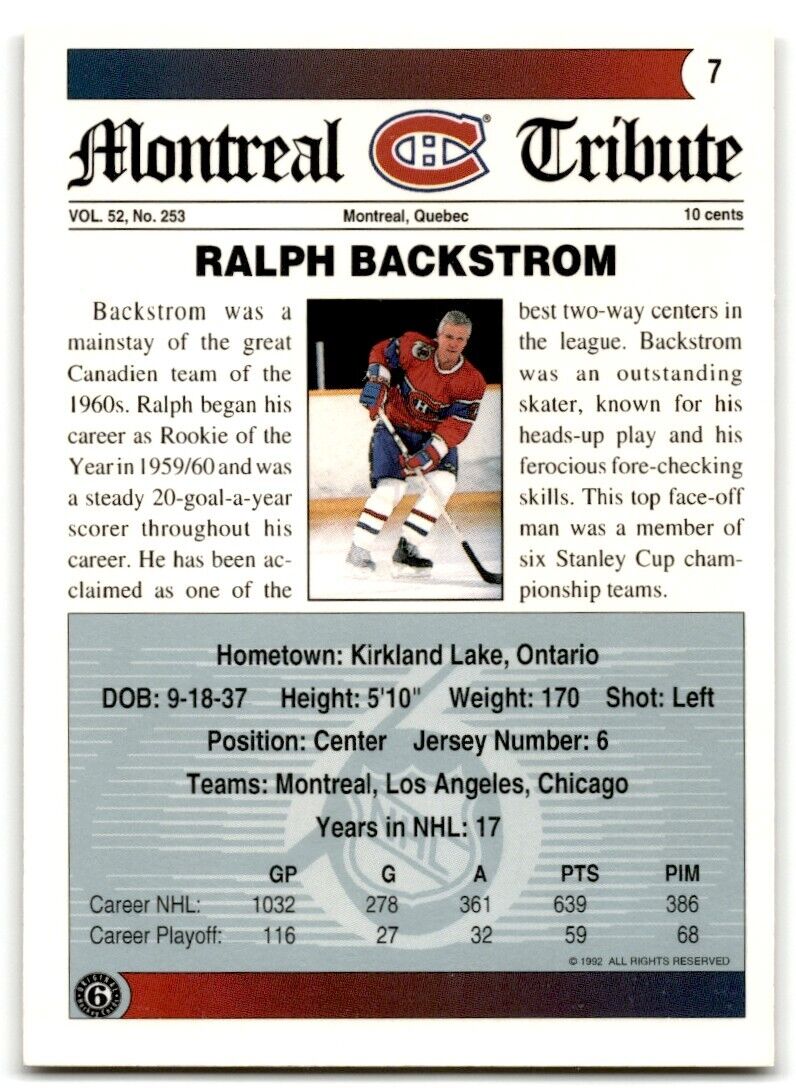 1991-92 Ultimate Original 6 Ralph Backstrom Montreal Canadiens #7