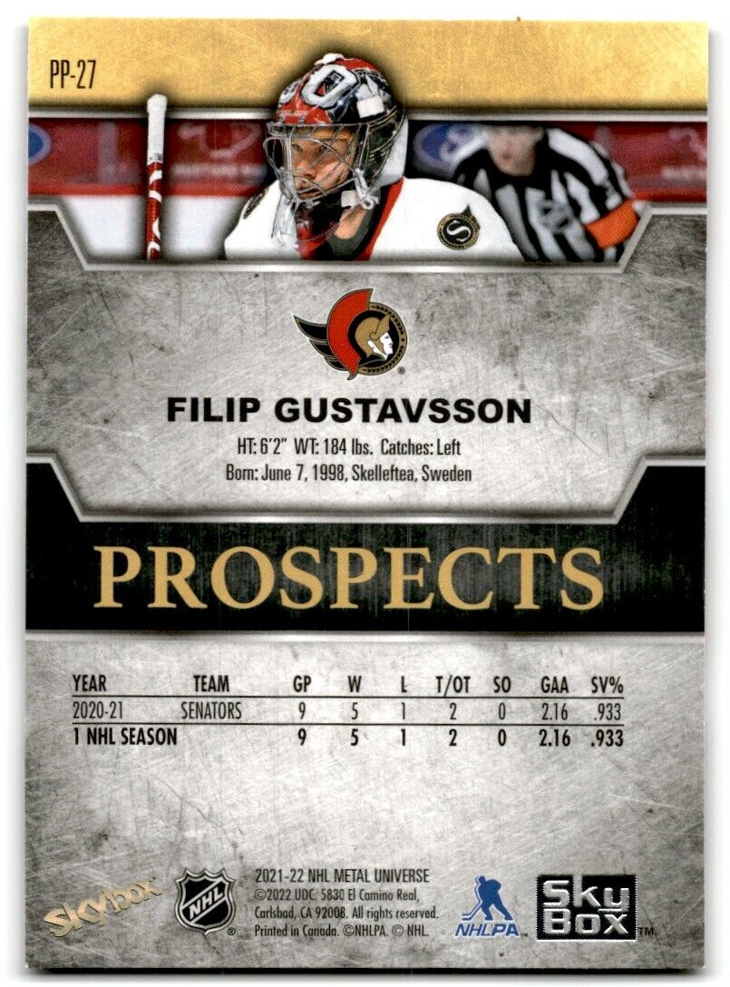 2021-22 Skybox Metal Universe Premium Prospects Filip Gustavsson Rookie Ottawa