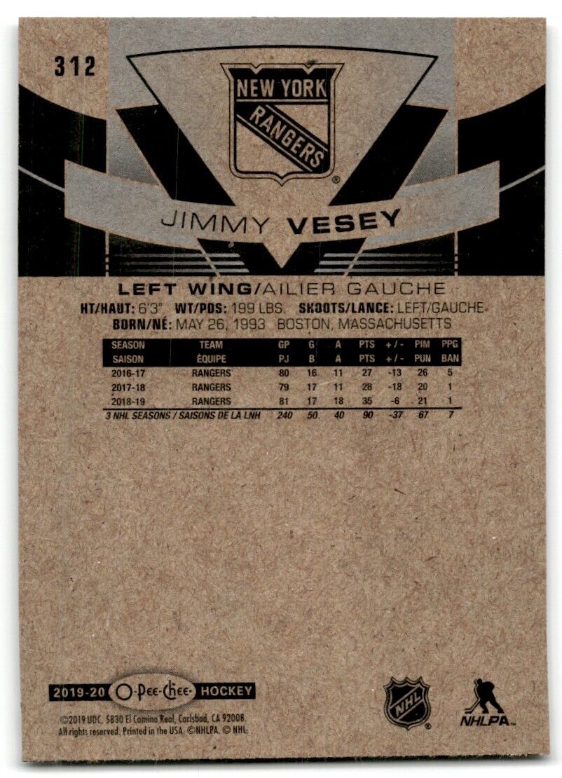 2019-20 O-Pee-Chee Jimmy Vesey New York Rangers #312