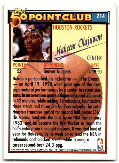 1992-93 Topps 50 points club Hakeem Olajuwon Houston Rockets #214